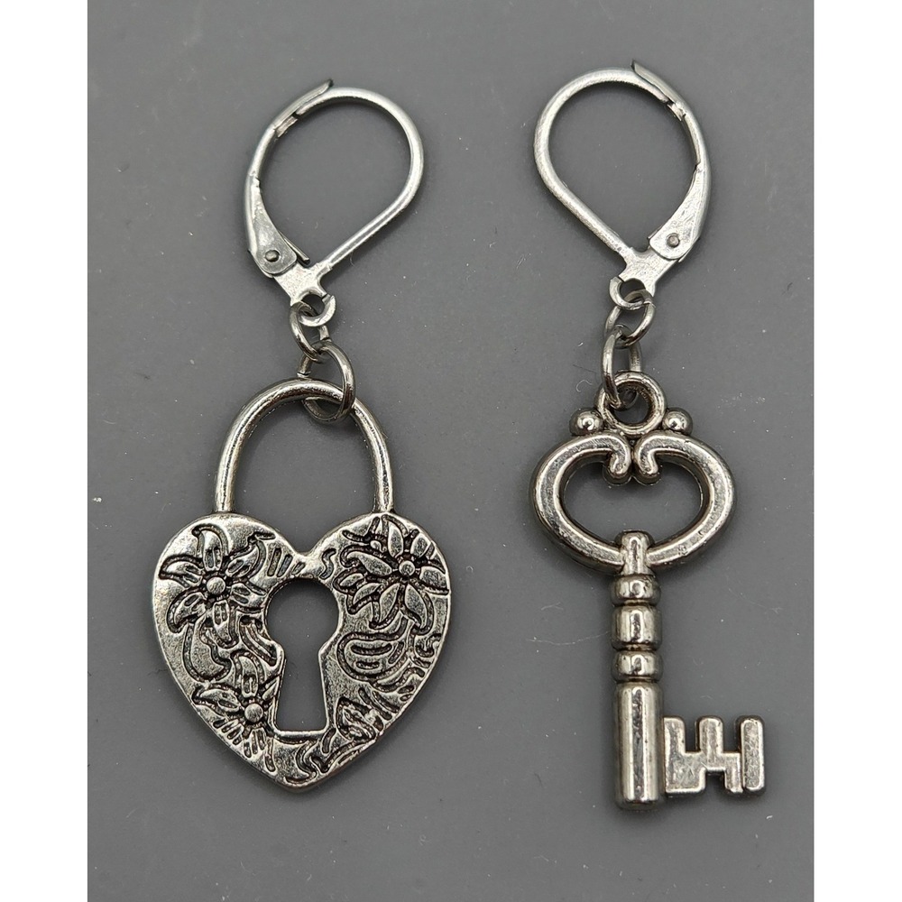 Handmade Earrings Silver Tone Whimsical Heart Lock and Key Hypoallergenic - Picture 6 of 7